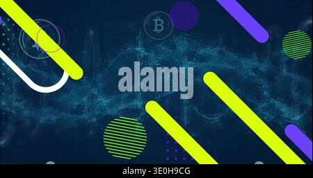 Displaying teal particle waveform stretching across navy field, with lime bars and Bitcoin icon. Fintech, blockchain, abstract, digital, neon, futuris Stock Photo