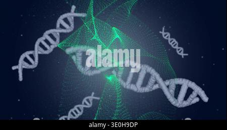 Displaying central DNA helix rotating in abstract scene, with green mesh ribbons and glowing nodes. Genomics, spirals, molecular, visualization, filam Stock Photo