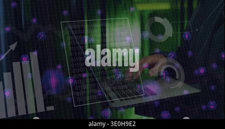 Typing mature Korean hands in dark longsleeve at green server racks, laptop keyboard, binary HUD. Datacenter, cybersecurity, analytics, visualization, Stock Photo