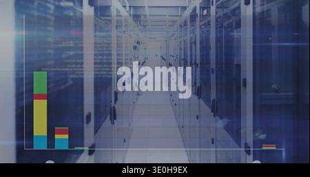 Running central aisle stretching down datacenter, showing server racks, raised tiles, LED and code. Cabinet, data, symmetry, perspective, blue, overla Stock Photo