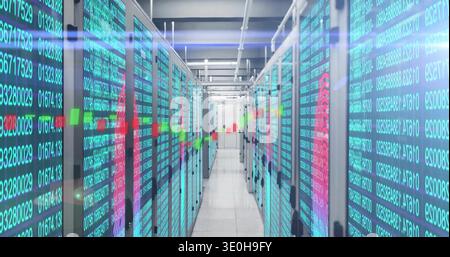 Displaying server rack aisle glowing with cyan numeric streams at data center, with hologram charts. Cabinet, corridor, dashboard, visualization, matr Stock Photo
