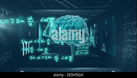 Hovering cyan glowing human brain hologram projecting neon equations in dark corridor, with panels. Neural, holographic, futuristic, cyberpunk, teal, Stock Photo
