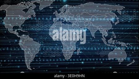 Displaying world map centering Africa and Eurasia, streaming dots with hex grid and glowing nodes. Network, data, connectivity, technology, digital, n Stock Photo