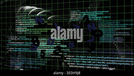 Streaming neon grid and overlaid code in cyberspace with cursor, helmet silhouette, navy 3D letters. Cyberpunk, virtual, digital, terminal, interface, Stock Photo