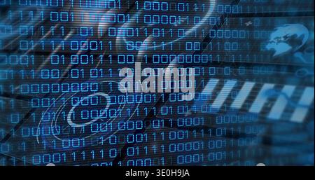 Displaying blue binary digits streaming on keyboard in cyber HUD, with keycaps, globe, gridlines. Cybersecurity, dataviz, interface, holographic, keyc Stock Photo