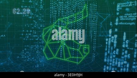 Floating green wireframe form hovering above dotted base, emitting code streams, 3D grid floor. Lowpoly, holographic, cyberspace, teal, futurism, visu Stock Photo