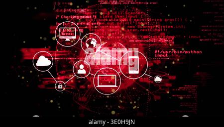 Showing network over red globe in cyberspace, with cloud lock user circular white icons and code. Cybersecurity, topology, sphere, neon, digital, abst Stock Photo