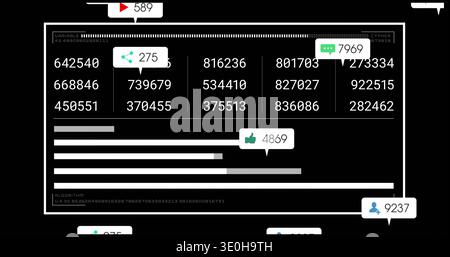 Displaying white-framed dashboard showing six-digit columns, progress bars, metric badges on black. Analytics, data, visualization, ui, dark, minimali Stock Photo