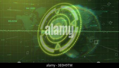 Rotating holographic data wheel showing waveform, numeric readouts, world map in telemetry HUD. Neon, cyber, dashboard, interface, globe, grid, signal Stock Photo