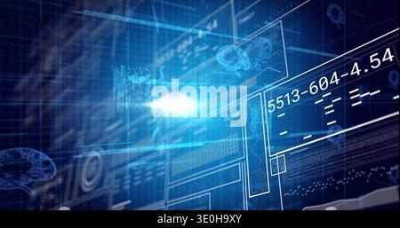 Projecting holographic data interface in 3D space, showing brain glyphs and readouts 5513-604-4.54. Neural, blue, futuristic, dashboard, visualization Stock Photo
