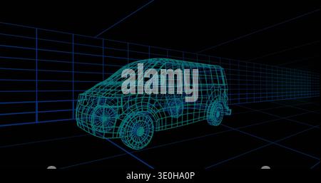 Displaying cyan wireframe van model occupying center in 3D grid tunnel, showing wheels mesh lines. Polygonal, vehicle, perspective, rendering, futuris Stock Photo