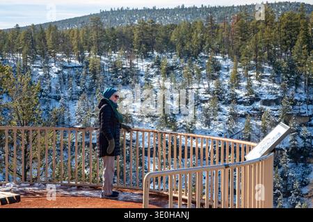 Flagstaff, Arizona - Walnut Canyon National Monument, where the Sinagua (without water) people lived in cliff dwellings more than 800 years ago. A vis Stock Photo