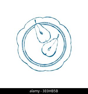 Pear On A Plate. Line Vector Illustration. Pear Fruit Outline Stock Vector