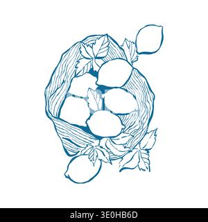 Illustration of lemons and leaves in a wicker beach bag. Citrus vector outline clip art in blue. Summer composition with lemons.  Stock Vector