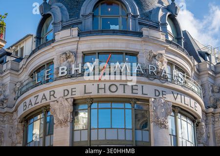 Sign on the BHV Marais, formerly named Bazar de l'Hôtel de Ville (BHV), a Parisian department store located in the 4th arrondissement of Paris, France Stock Photo