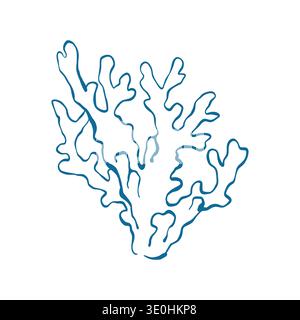 Vector illustration of a coral in blue lines. Marine reef flora isolated on a white background. Vector outline design element for a marine theme. Stock Vector