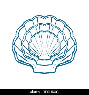 A composition of flat, doodle-style shells. A set of shell-shaped plates. Table setting in a coastal wedding style. Hand-drawn vector outline illustration isolated on a white background. Stock Vector