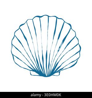 Seashell in doodle style. Sea snail shell in blue. Hand drawn vector outline illustration isolated on white background. Stock Vector
