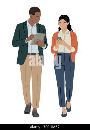 Two professionals walk engaged in digital work Stock Vector