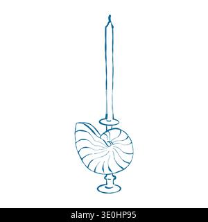 Illustration of a vintage candle on a seashell stand. Sketch for coastal-themed weddings and celebrations. Vector outline clip art in blue. Stock Vector