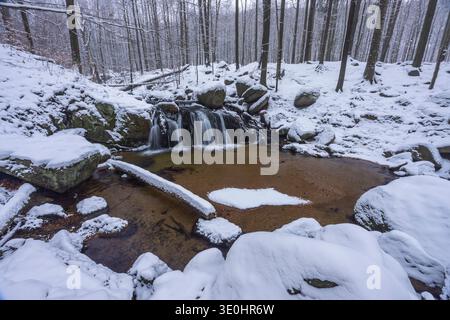 Winter landscape showing frozen stream, waterfall, and snow covered trees in Czechia Stock Photo
