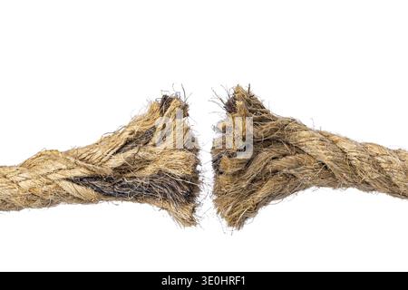 Presenting a highly detailed view of a torn jute rope end isolated on white, this image captures the unique weaving and fibers of the material. Stock Photo