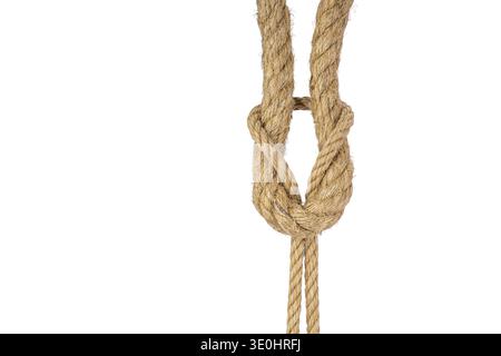 This jute rope knot, expertly crafted and isolated on white, highlights its natural fibers, offering a rustic aesthetic perfect for various creative p Stock Photo