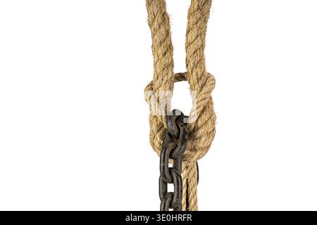 This image features a sturdy natural fiber rope knot intertwined with a metallic chain, isolated on white. The contrast enhances the detail and crafts Stock Photo