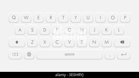 White neumorphism keyboard button layout, modern virtual keypad design for a smartphone. Vector illustration Stock Vector