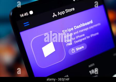 The Stripe logo is seen displayed on a smartphone screen in the Apple app store in this photo illustration in Ontario, Canada, on March 2, 2026. Stock Photo