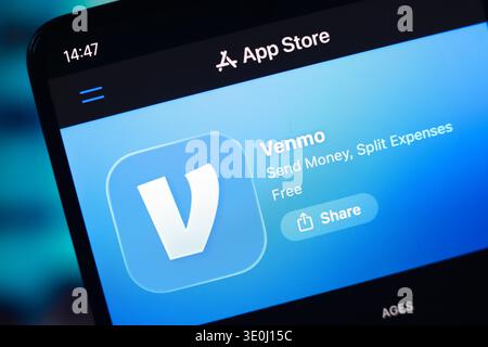 The Venmo logo is seen displayed on a smartphone screen in the Apple app store in this photo illustration in Ontario, Canada, on March 2, 2026. Stock Photo