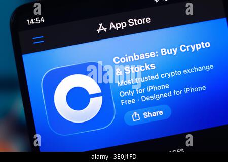 The Coinbase logo is seen displayed on a smartphone screen in the Apple app store in this photo illustration in Ontario, Canada, on March 2, 2026. Stock Photo