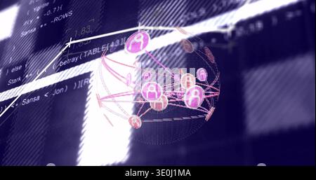Displaying wireframe globe rotating with pink node avatars dashed links graph line on dark panel. Network, sphere, icon, connectivity, neon, visualiza Stock Photo