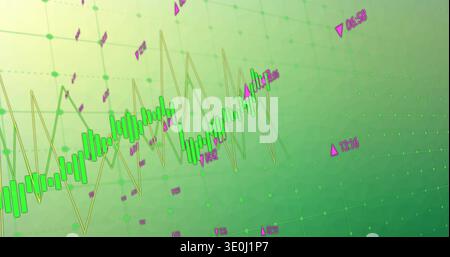 Displaying green candles climbing across trading chart, showing yellow line, magenta markers, nodes. Dashboard, visualization, finance, growth, trend, Stock Photo