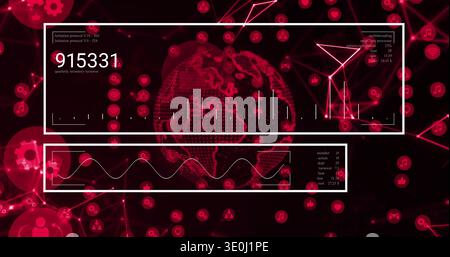 Displaying wireframe globe on digital dashboard, showing HUD panels, counter 915331 and waveform. Holographic, neon, network, data, visualization, int Stock Photo