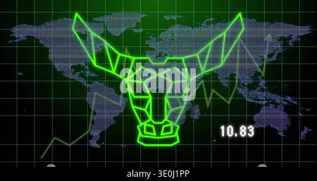 Displaying neon-green lowpoly bull head over world-map and dark grid on trading HUD, showing 10.83. Polygonal, wireframe, glow, dashboard, market, ana Stock Photo