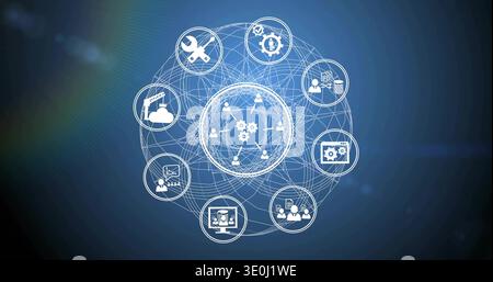 Displaying central network sphere on blue gradient, showing gears, cloud, data, dashboard icons. Connectivity, topology, hub, lattice, silhouettes, au Stock Photo