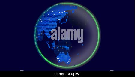 Rotating globe showing pixel Asia Pacific on navy backdrop with green rim and blue orange data. Sphere, translucent, luminous, halo, reflective, cyan, Stock Photo