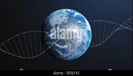 Displaying planet Earth glowing and revealing cloud bands in outer space, with dotted DNA helix. Globe, starfield, genetics, genome, visualization, fu Stock Photo