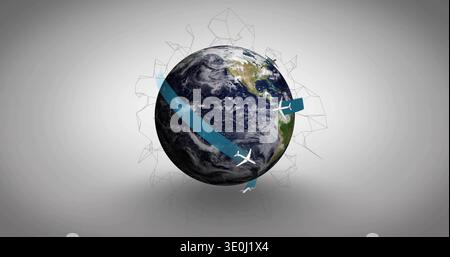 Rotating globe showing Americas on grey studio backdrop with blue ribbon, planes, mesh and shadow. Earth, rotation, connectivity, network, aviation, m Stock Photo