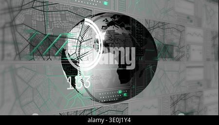 Displaying central globe on data dashboard with concentric HUD rings, maps, teal routes, readouts. Earth, geospatial, analytics, visualization, interf Stock Photo
