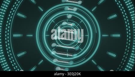 Rotating holographic interface showing concentric rings, reticles, radial tick marks in virtual HUD. Futuristic, neon, teal, cyan, digital, display, s Stock Photo