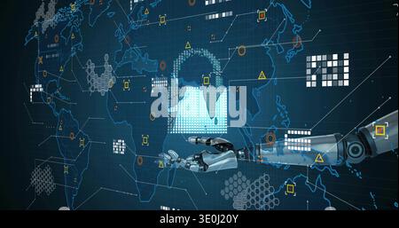Reaching metallic robotic arm touching glowing padlock over blue world map, showing network nodes. Futuristic, cybersecurity, encryption, digital, cya Stock Photo