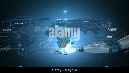 Projecting holographic world map in high-tech lab, showing robotic arm and UI panels. Futuristic, digital, data, visualization, hologram, circuitry, n Stock Photo