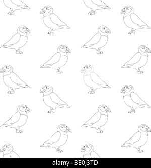 Vector seamless pattern of flat outline puffin bird isolated on white background Stock Vector