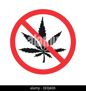 Vector hand drawn cannabis leaf silhouette crossed in red circle isolated on white background Stock Vector