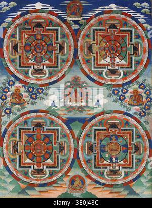 This vibrant ancient painting, likely from Tibet or Nepal in the 17th or 18th century, features four intricately detailed mandalas. The artwork, a thangka painting, depicts various Buddhist deities and sacred geometric patterns, showcasing a rich tapestry of spiritual symbolism. Stock Photo