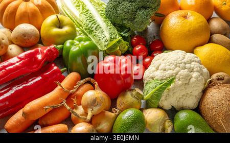 various fresh raw vegetables and fruits background Stock Photo