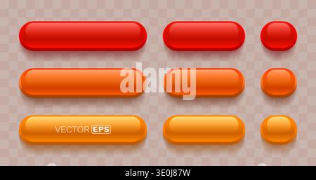 Vibrant glossy red and orange web buttons, a versatile set with various shapes for modern UI design. Vector illustration. Stock Vector
