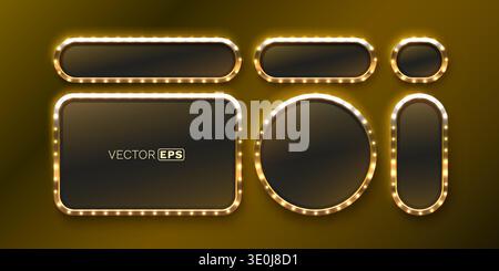 Golden retro marquee frames with glowing light bulbs. Ideal for casino, theater, or advertising design. Stock Vector